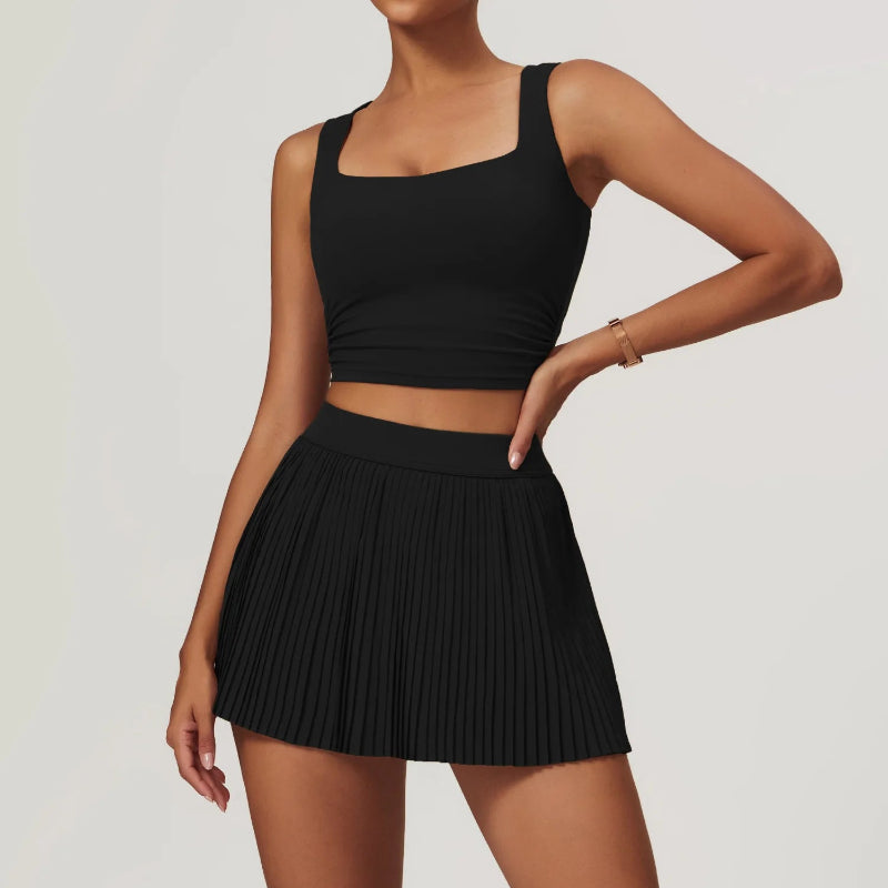 Solid Color Stretchy Crop Sleeveless Top And Pleated Mini Skirt Set