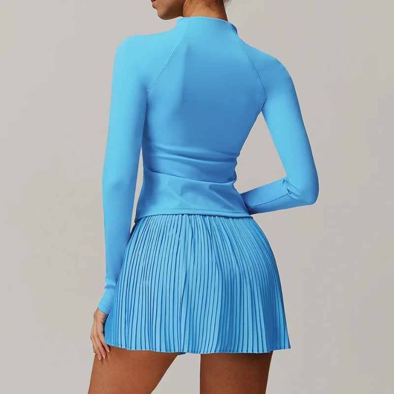 Solid Color Stretchy Collar Zip-Up Jacket And Pleated Mini Skirt Set
