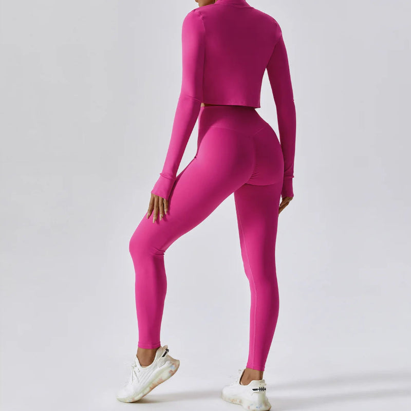 Solid Color Crop Jacket And Crop Top And High Waisted Legging Set