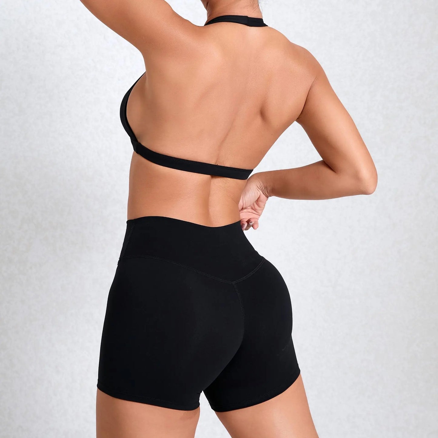 Solid Color Stretchy Patchwork V-Cut Halter Sports Bra And High Waisted Shorts Set