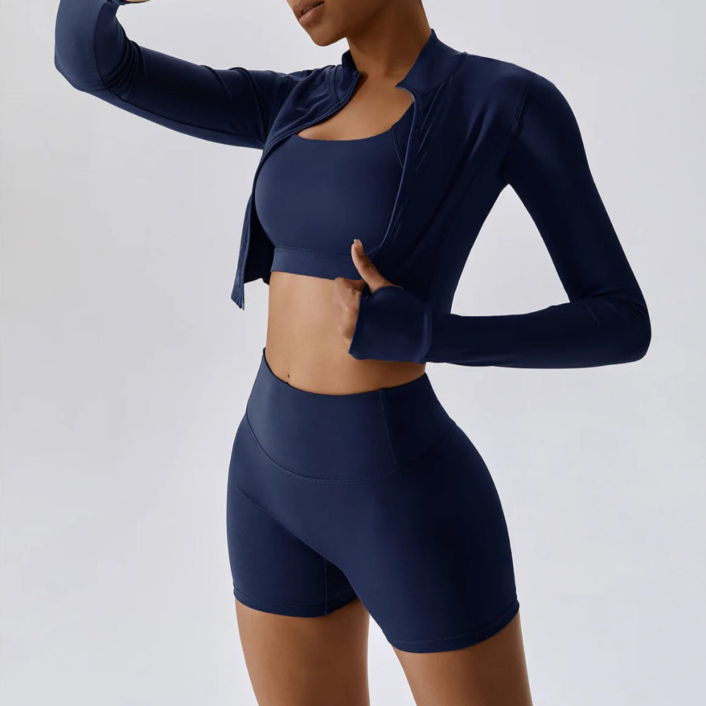 Solid Color Crop Jacket And Crop Top And High Waisted Shorts Set