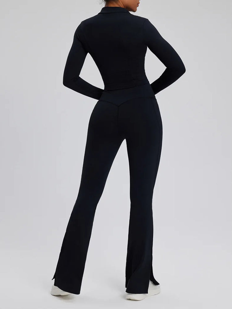 Solid Color Stretchy Patchwork Collar Quarter Zip-Up Long Sleeve And High Waisted Flare Pants Set