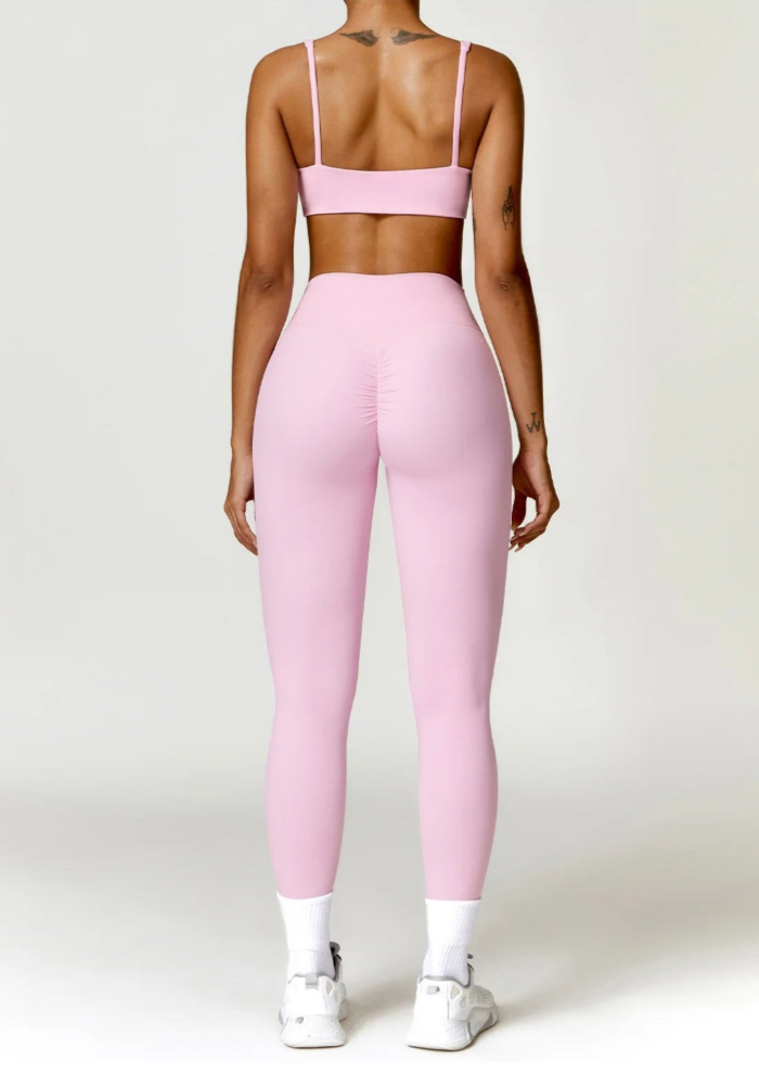 Solid Color Stretchy Thick Strap Sports Bra And Ruched Booty High Waisted Legging Set