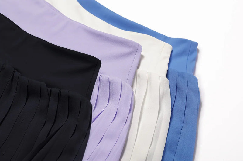 Solid Color Stretchy Collar V-Cut Sleeveless Top And Pleated Mini Skirt Set