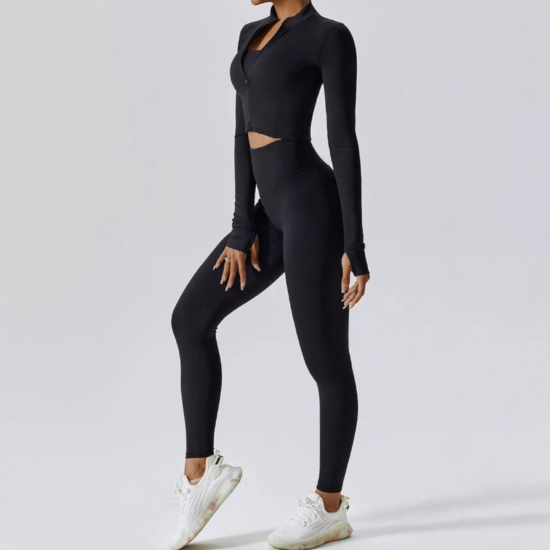 Solid Color Crop Jacket And Crop Top And High Waisted Legging Set