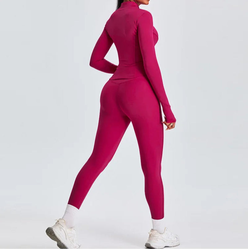 Solid Color Stretchy Front Zip-Up Jacket And Legging Set
