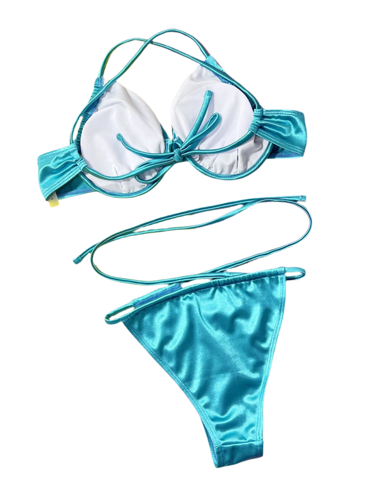 Metallic Blue V-Cut Halter Bandage Strap Bottom Bikini