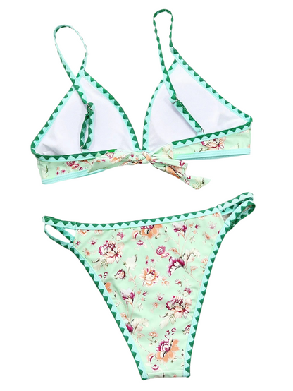 Green Floral V-Cut Spaghetti Strap Bikini