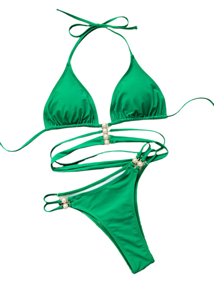 Green Pearl Studded Bandage Strap Bikini