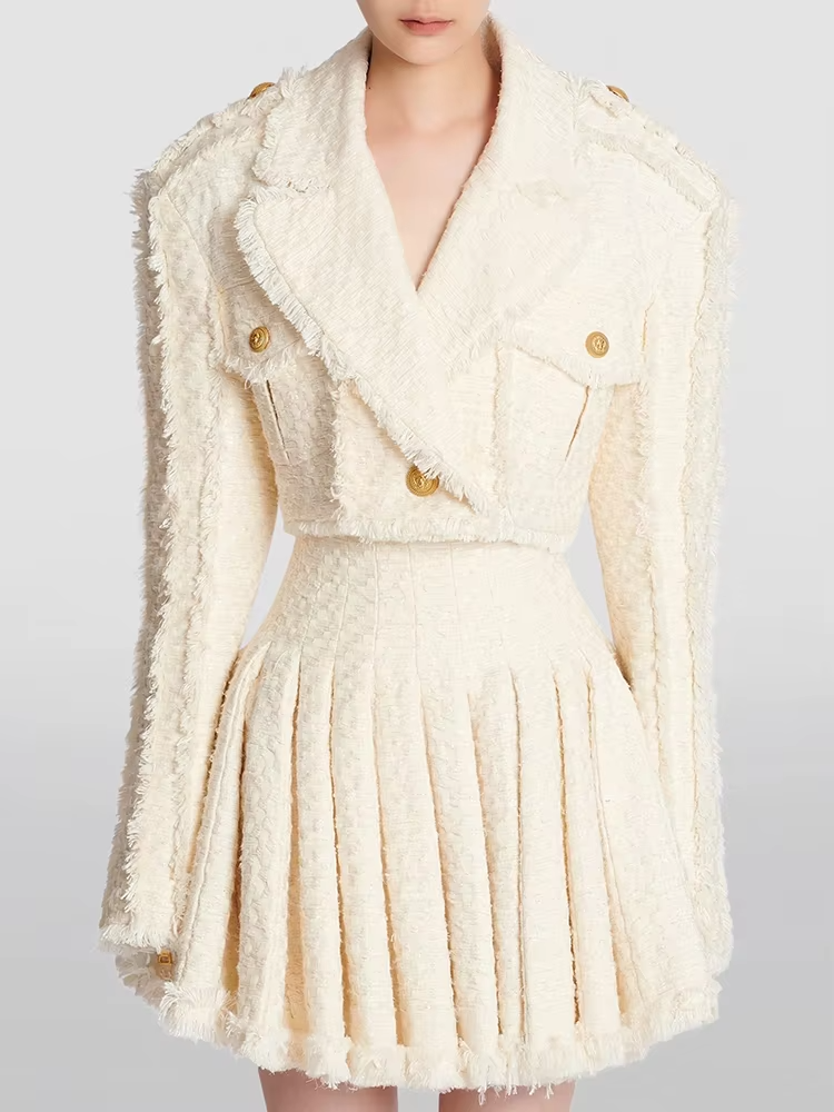 Beige Tweed Reverse Patchwork Crop Blazer And Pleated Mini Skirt Set