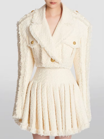 Beige Tweed Reverse Patchwork Crop Blazer And Pleated Mini Skirt Set