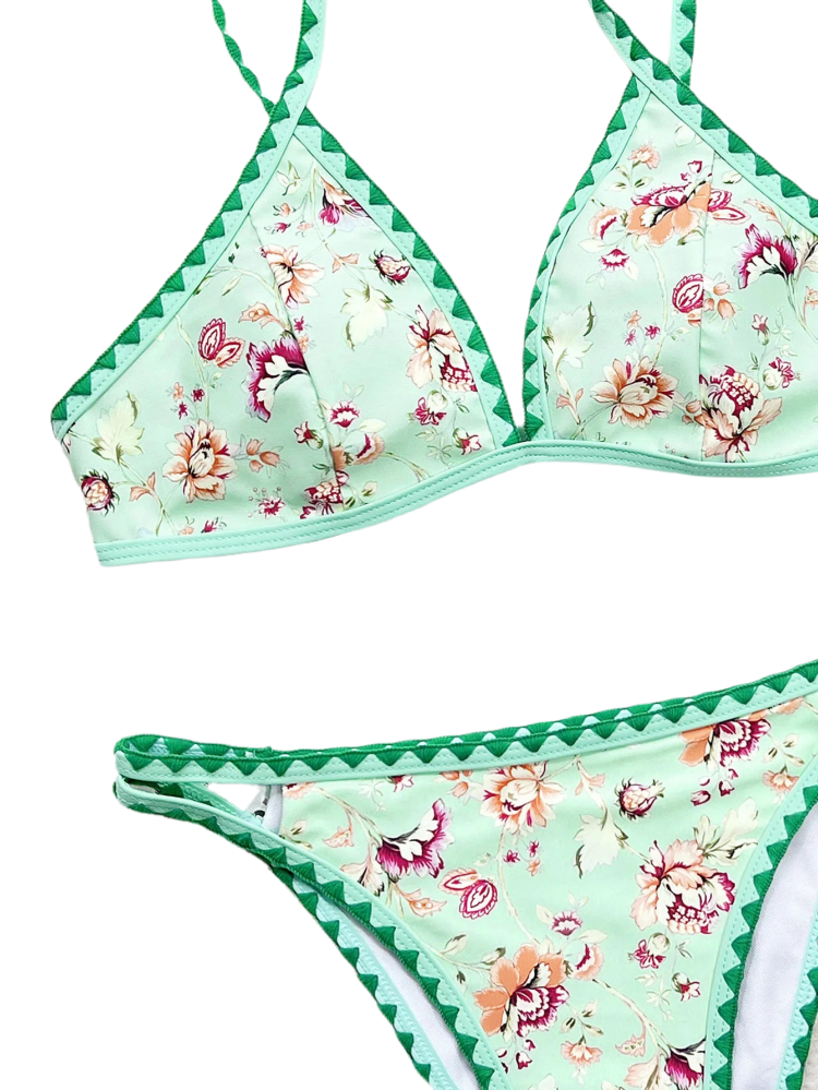 Green Floral V-Cut Spaghetti Strap Bikini