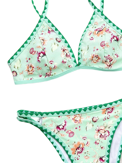 Green Floral V-Cut Spaghetti Strap Bikini