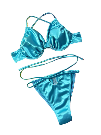 Metallic Blue V-Cut Halter Bandage Strap Bottom Bikini