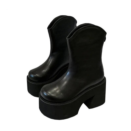 Black Leather Platform Heel Cowgirl Booties