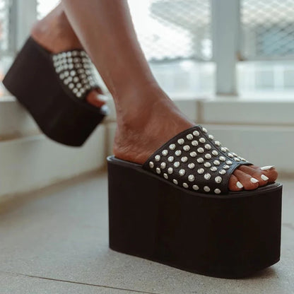 Black Leather Studded Extra Thick Strap Platform Wedge Heels