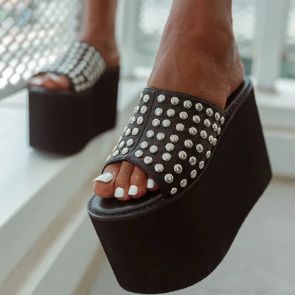 Black Leather Studded Extra Thick Strap Platform Wedge Heels