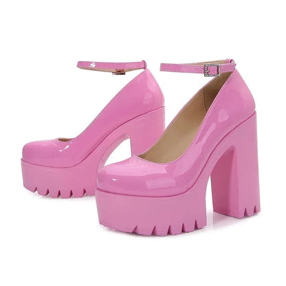 Pink Glossy Leather Buckle Closed Toe Platform Heels