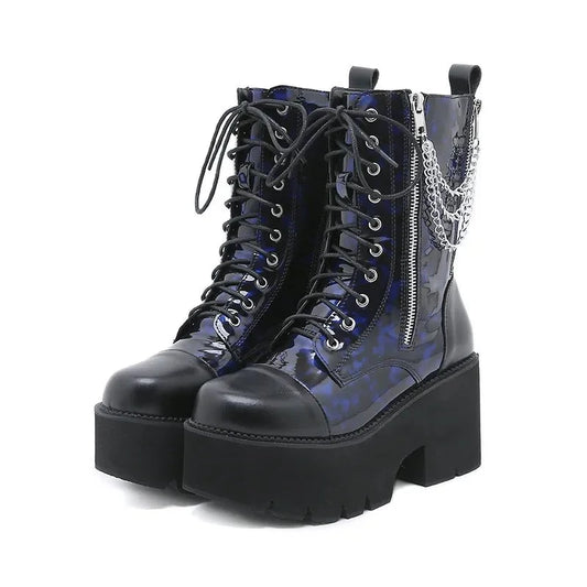 Blue Floral Front Lace-Up Chain Platform Heel Booties