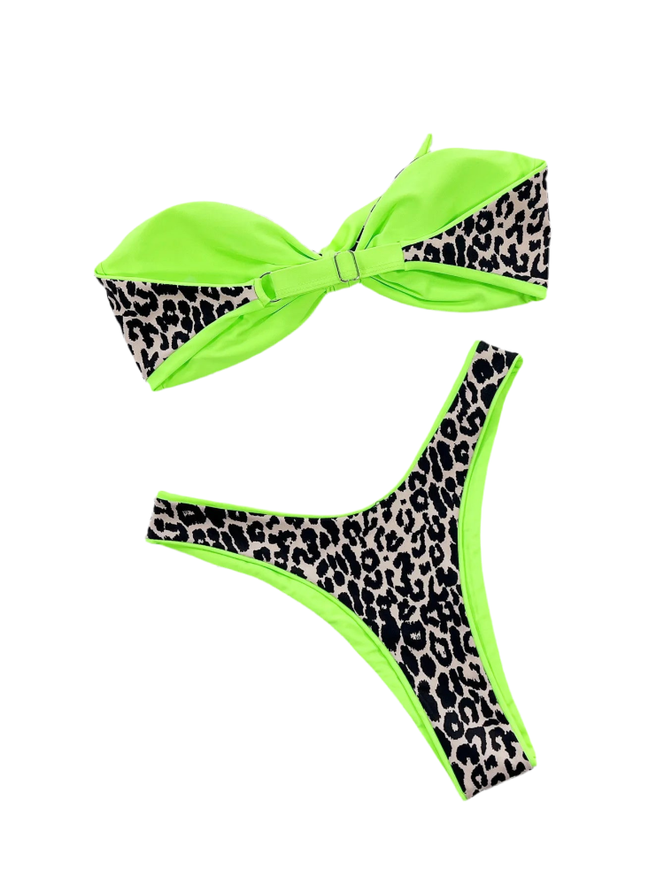 Cheetah Neon Green Trim Front Tie Strapless Bikini