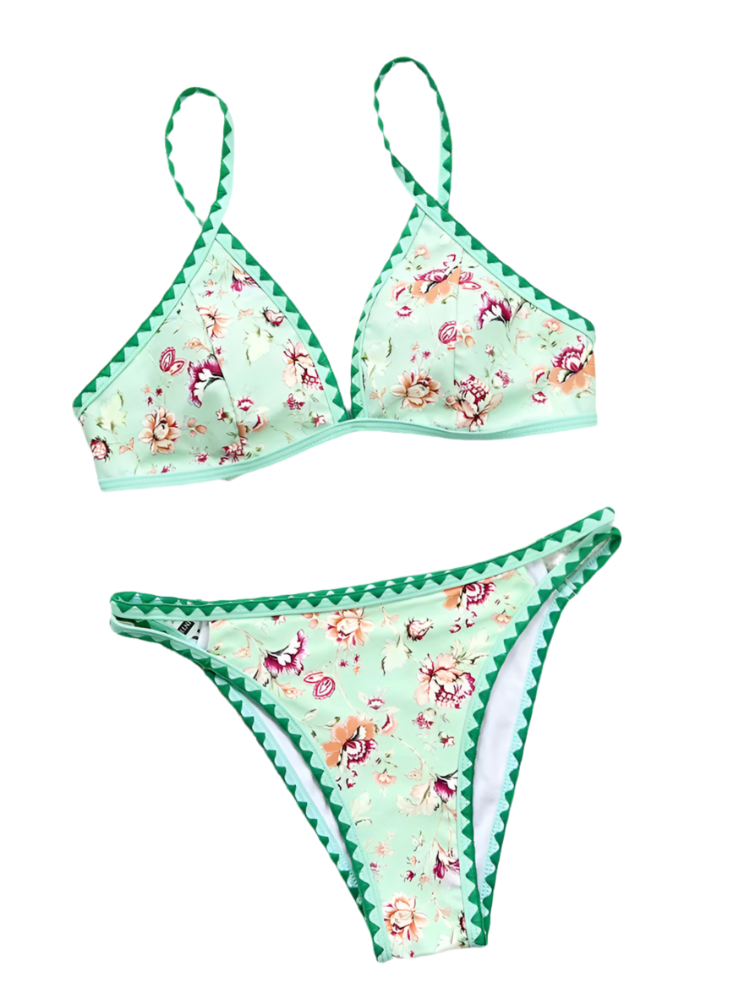 Green Floral V-Cut Spaghetti Strap Bikini