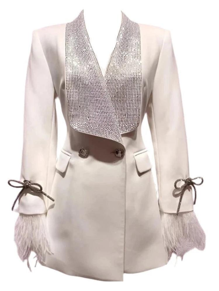 Neutral Rhinestone Studded Collar Feather And Rhinestone Bow Sleeve Double Breasted Blazer