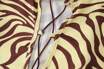 Yellow And Brown Tiger Print V-Cut Front Tie-Up Long Sleeve Maxi Dress