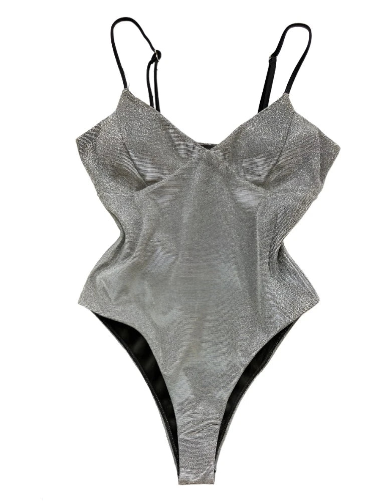 Solid Color Sparkly V-Cut One Piece