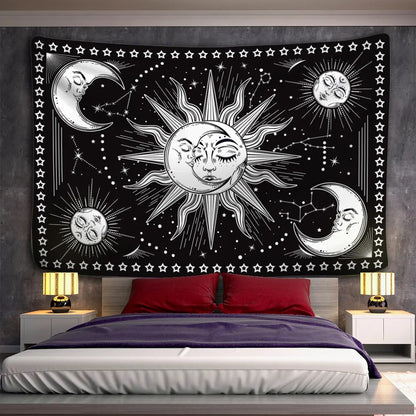 White And Black Sun And Moon In Stars Tapestry