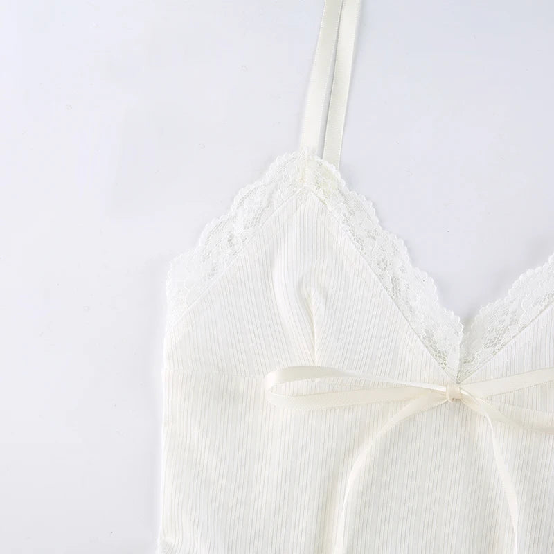 White Ribbed Bow Lace V-Cut Ruffle Trim Bow Spaghetti Strap Top