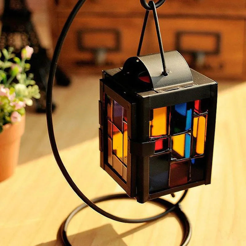 Colored Glass Color Block Hanging Candle Lantern