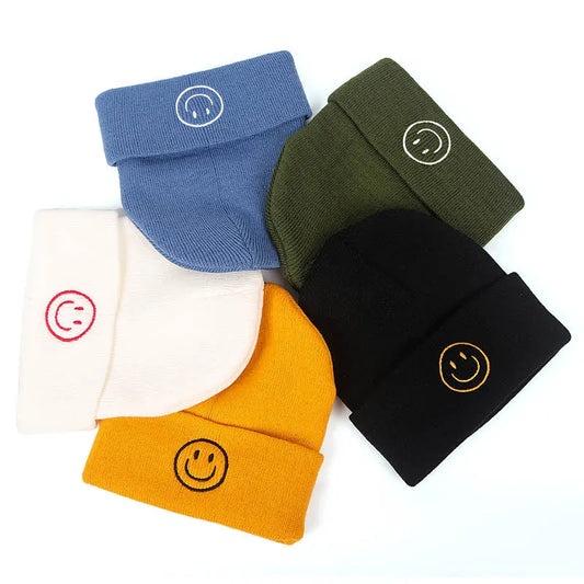 Solid Color Knit Smiley Face Beanie