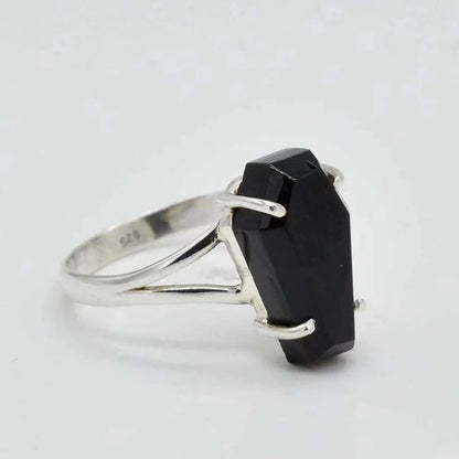 Silver Metal Coffin Black Obsidian Crystal Ring