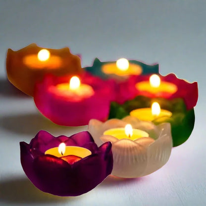 7PC Solid Color Glass Lotus Flower Candle Holder Set