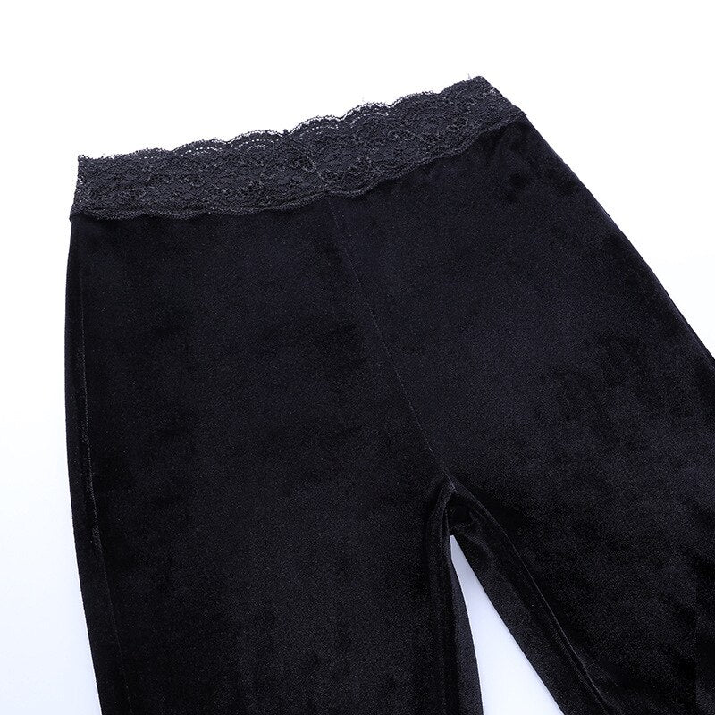 Black Suede Lace Trim High Waisted Flare Pants