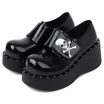 Black Glossy Skull Velcro Strap Closed Toe Platform Wedge Heel Sneakers