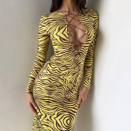 Yellow And Brown Tiger Print V-Cut Front Tie-Up Long Sleeve Maxi Dress