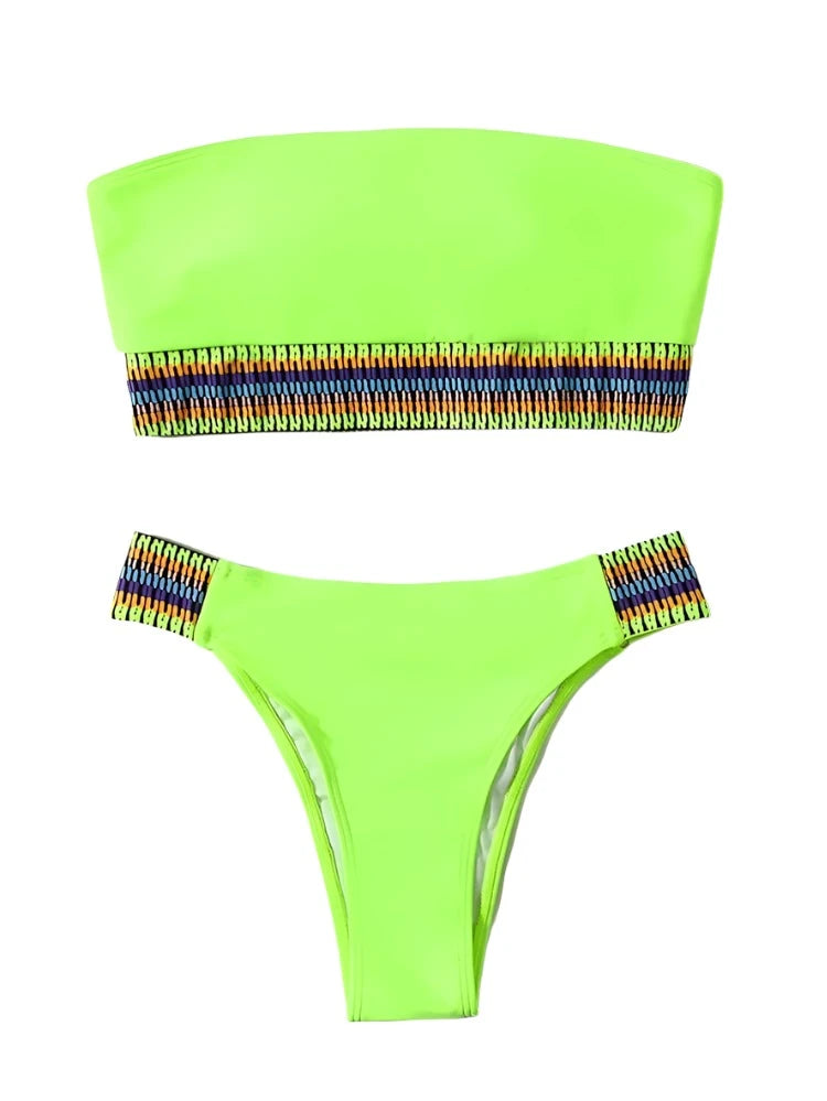 Neon Solid Color Tribal Stripe Strapless High Waist Bikini