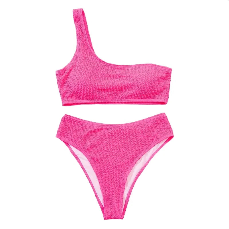 Solid Color Ribbed One Shoulder Bikini