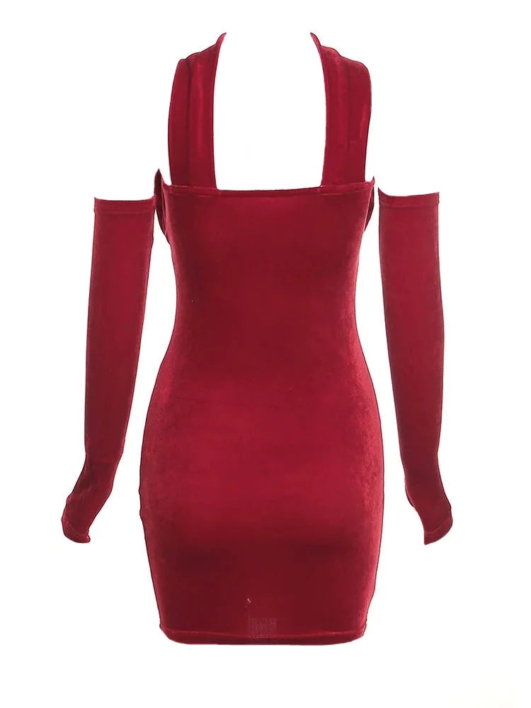 Red Suede Gloves + Ruched Halter Mini Dress