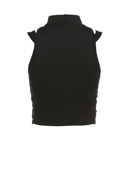 Black Sheer V-Cut Buckle U-Style Sleeveless Spaghetti Strap Top