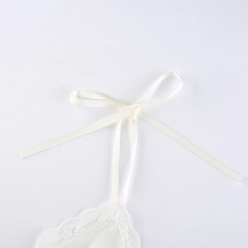 White Ribbed Bow Lace V-Cut Ruffle Trim Bow Spaghetti Strap Top