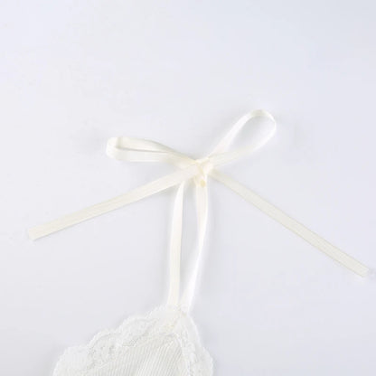 White Ribbed Bow Lace V-Cut Ruffle Trim Bow Spaghetti Strap Top