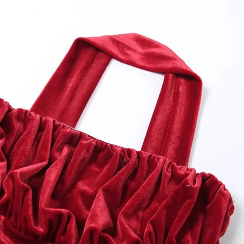 Red Suede Gloves + Ruched Halter Mini Dress