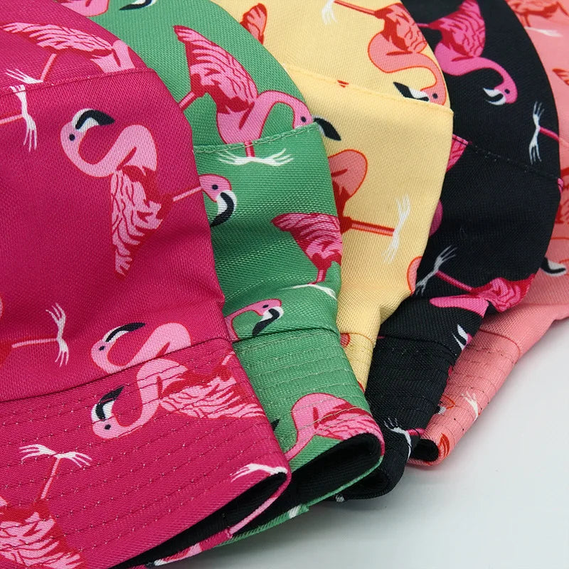 Solid Color Flamingo Print Cotton Reversible Bucket Hat