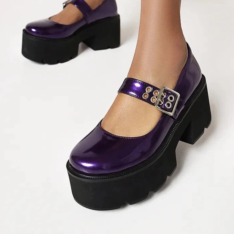 Solid Color Glossy Leather Grommet Buckle Closed Toe Platform Heel Sneakers