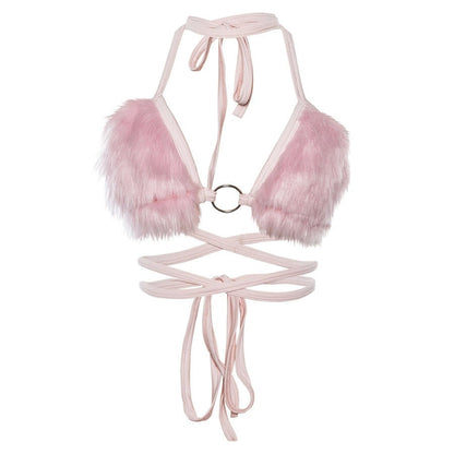 Pink Fur V-Cut Criss-Cross Tie-Up Backless Halter Crop Top