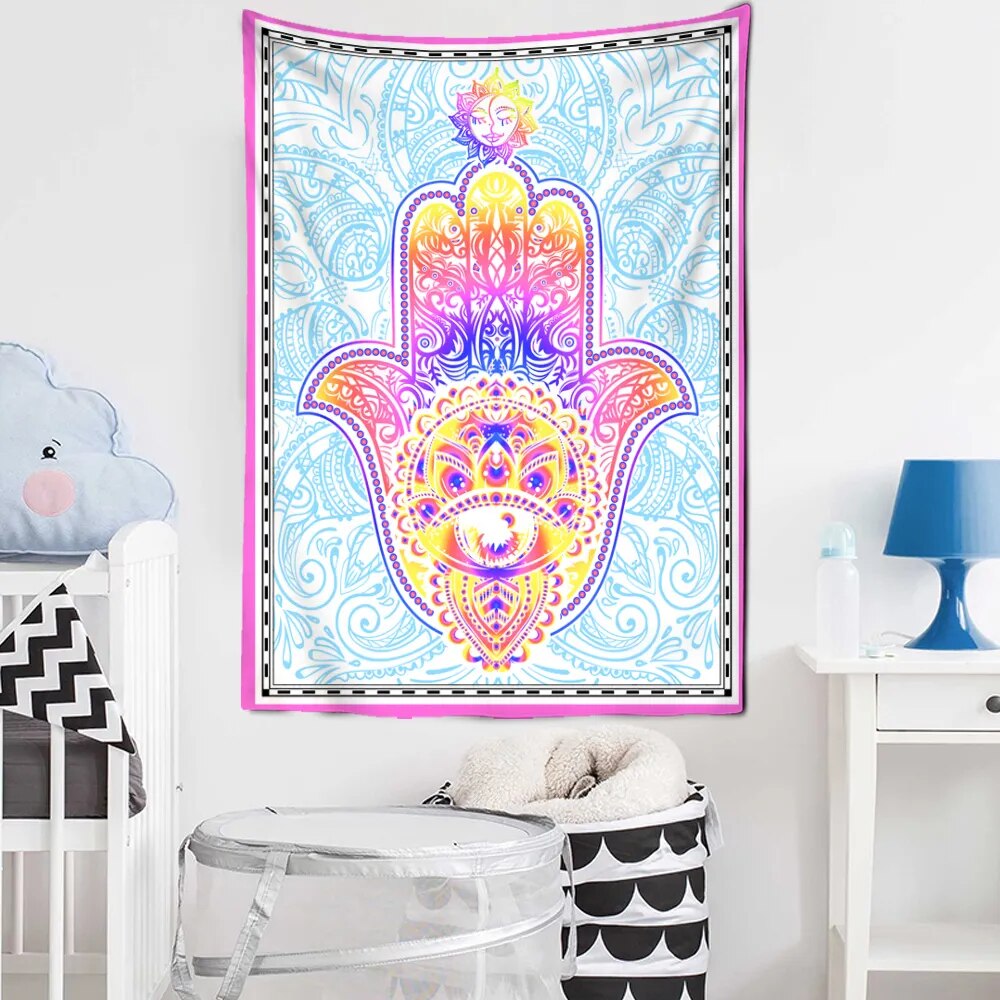 Multicolor Third Eye Hamsa Hand Tapestry