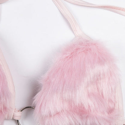 Pink Fur V-Cut Criss-Cross Tie-Up Backless Halter Crop Top