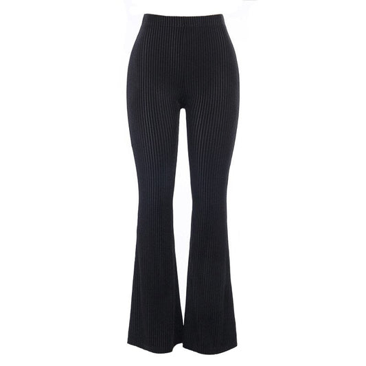 Black Suede Ribbed High Waisted Flare Pants